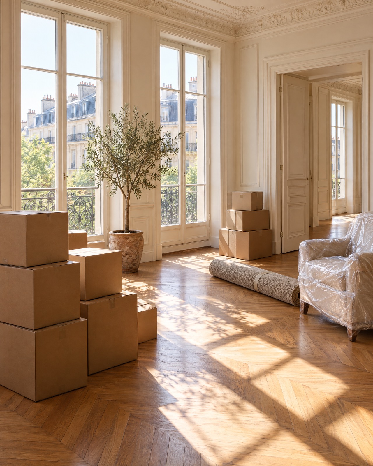 Cartons de déménagement empilés dans un appartement lumineux